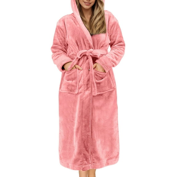 UVN Valentine's Day Long Robes for Women Winter Plush Fleece Hooded Bathrobe Soft Cozy Fluffy Sleepwear Nightgown with Pockets