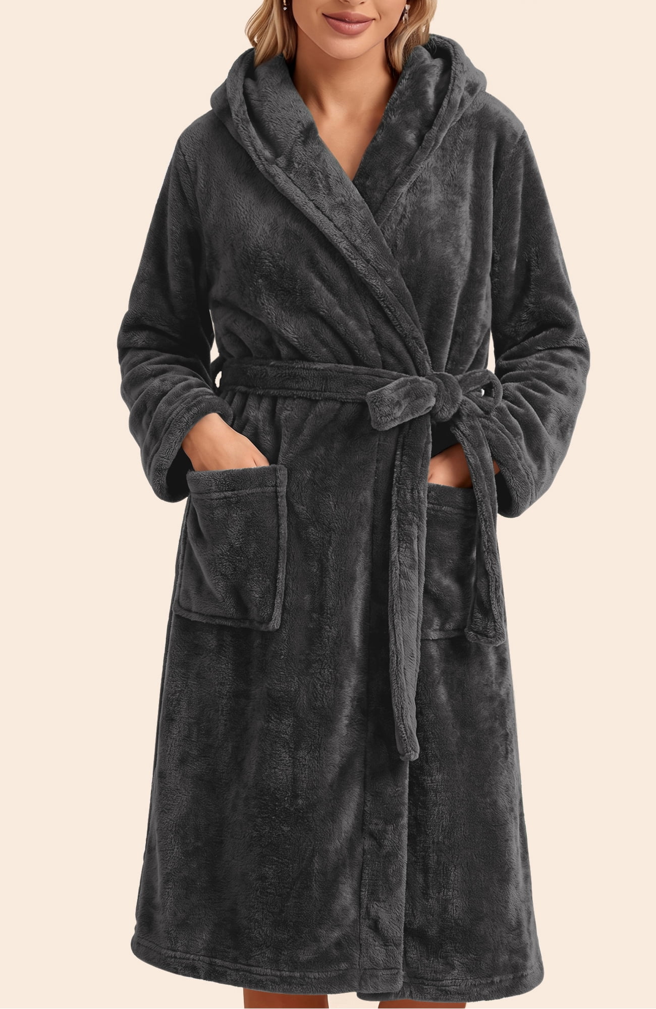 Long Robes for Women Winter Plush Fleece Hooded Bathrobe Soft Cozy Fluffy Sleepwear Nightgown with Pockets