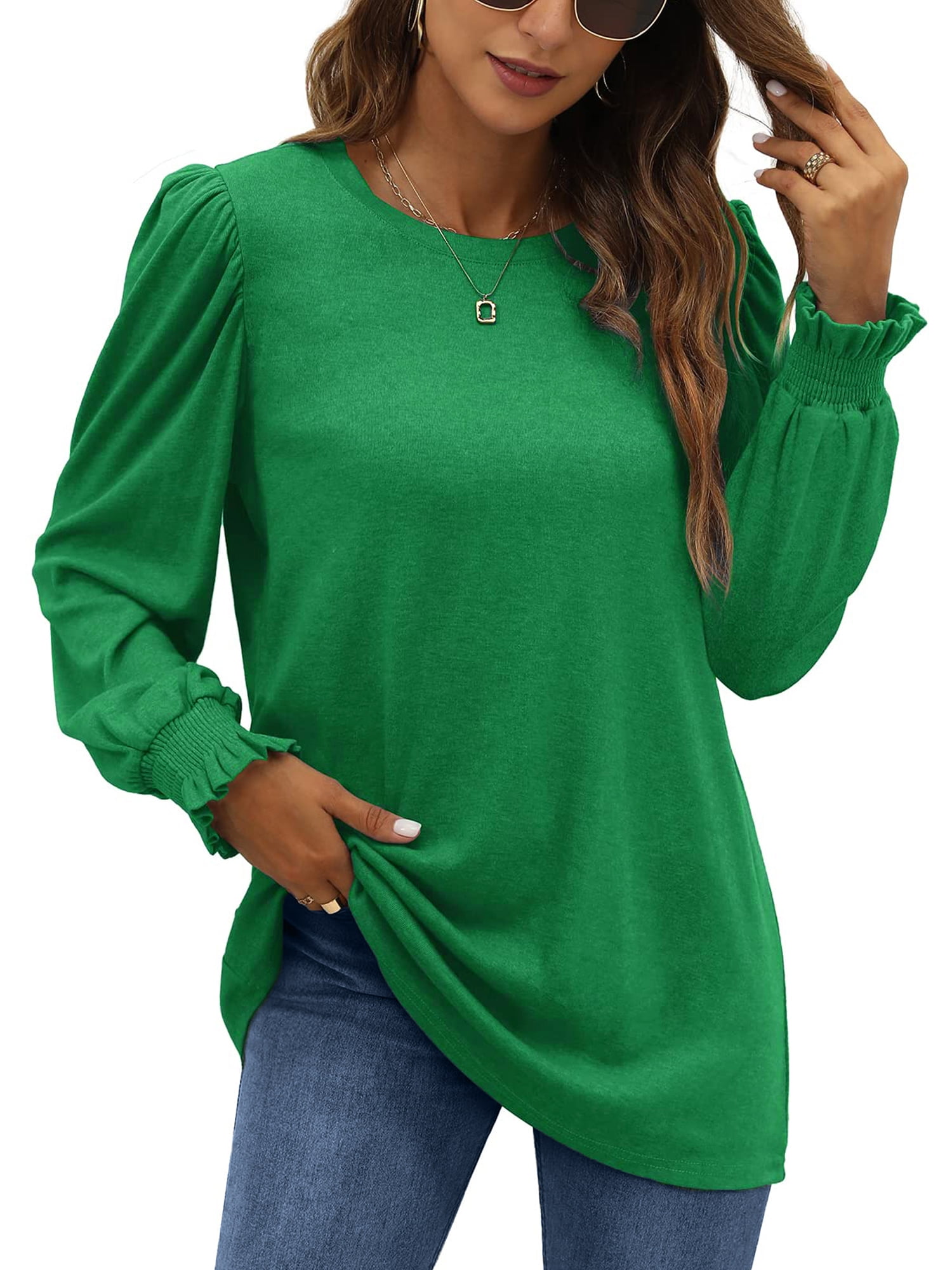 UVN Long Sleeve Shirts for Women Blouse Casual Puff Sleeve Crewneck ...