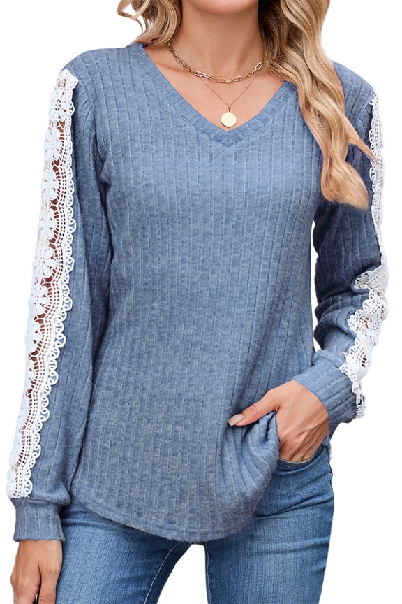 Long Sleeve Shirts for Women Fall V Neck Lace Blouses Casual Dressy Tunic Pullover Sweaters Tops
