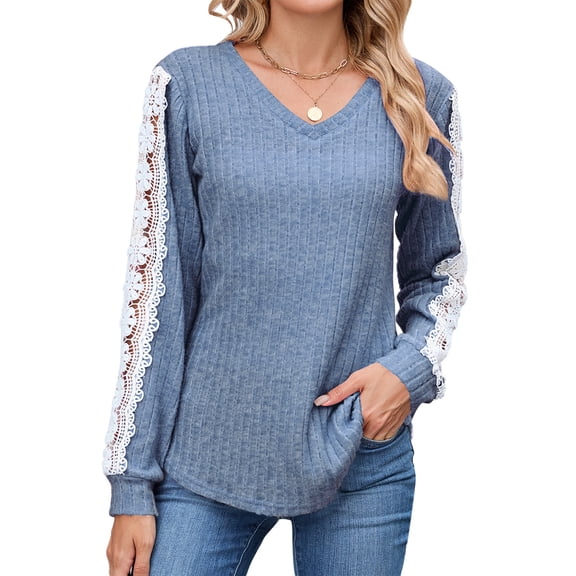 UVN Long Sleeve Shirts for Women Fall V Neck Lace Blouses Casual Dressy Tunic Pullover Sweaters Tops