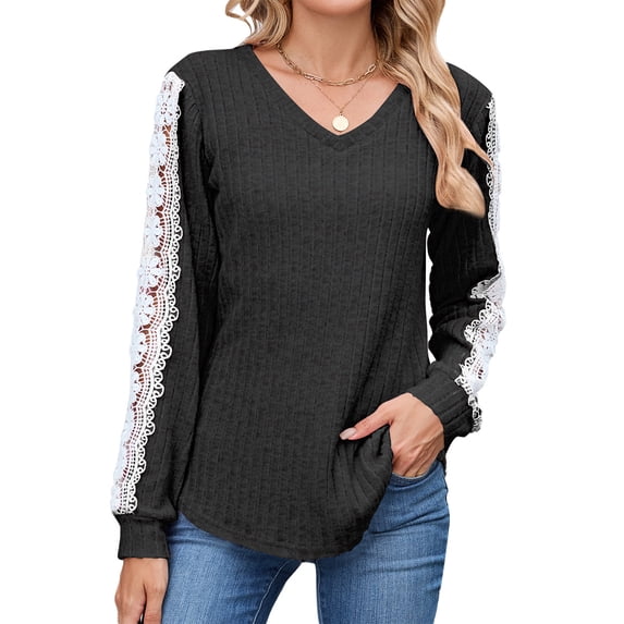 UVN Long Sleeve Shirts for Women Fall V Neck Lace Blouses Casual Dressy Tunic Pullover Sweaters Tops