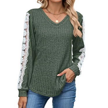 UVN Long Sleeve Shirts for Women Fall V Neck Lace Blouses Casual Dressy Tunic Pullover Sweaters Tops