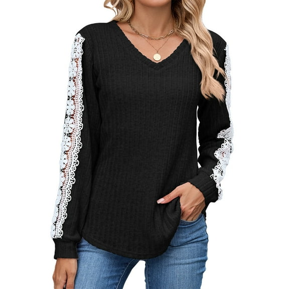 UVN Long Sleeve Shirts for Women Fall V Neck Lace Blouses Casual Dressy Tunic Pullover Sweaters Tops