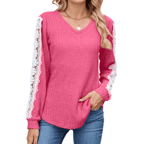 Long Sleeve Shirts for Women Fall V Neck Lace Blouses Casual Dressy Tunic Pullover Sweaters Tops