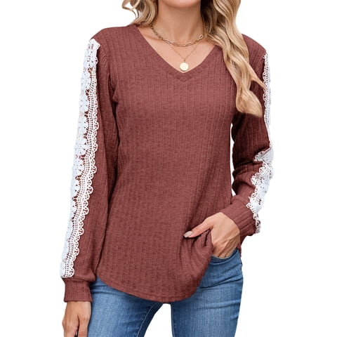Long Sleeve Shirts for Women Fall V Neck Lace Blouses Casual Dressy Tunic Pullover Sweaters Tops