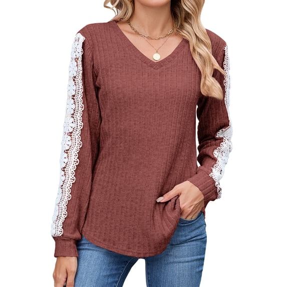 UVN Long Sleeve Shirts for Women Fall V Neck Lace Blouses Casual Dressy Tunic Pullover Sweaters Tops