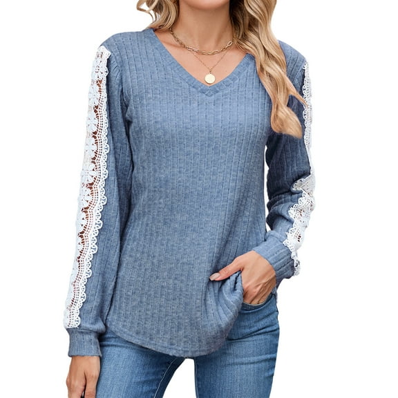 UVN Long Sleeve Shirts for Women Fall V Neck Lace Blouses Casual Dressy Tunic Pullover Sweaters Tops