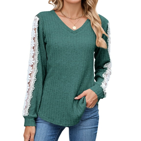 UVN Long Sleeve Shirts for Women Fall V Neck Lace Blouses Casual Dressy Tunic Pullover Sweaters Tops