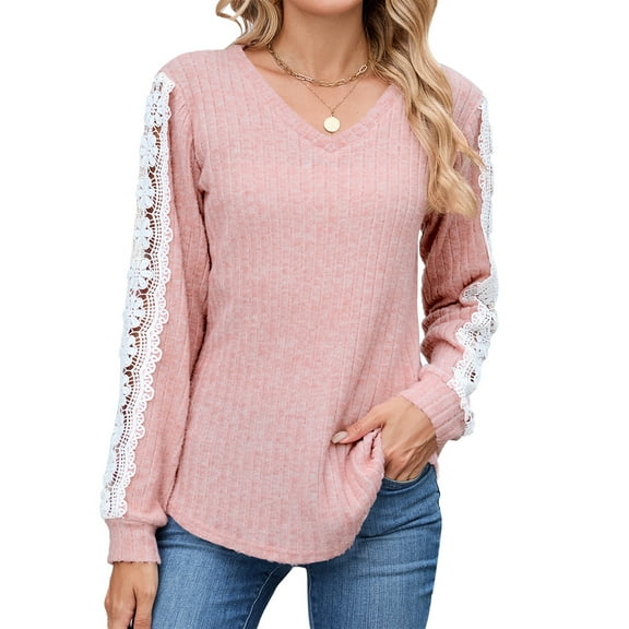 UVN Long Sleeve Shirts for Women Fall V Neck Lace Blouses Casual Dressy Tunic Pullover Sweaters Tops