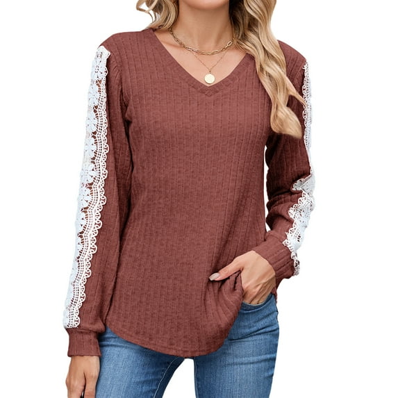 UVN Long Sleeve Shirts for Women Fall V Neck Lace Blouses Casual Dressy Tunic Pullover Sweaters Tops