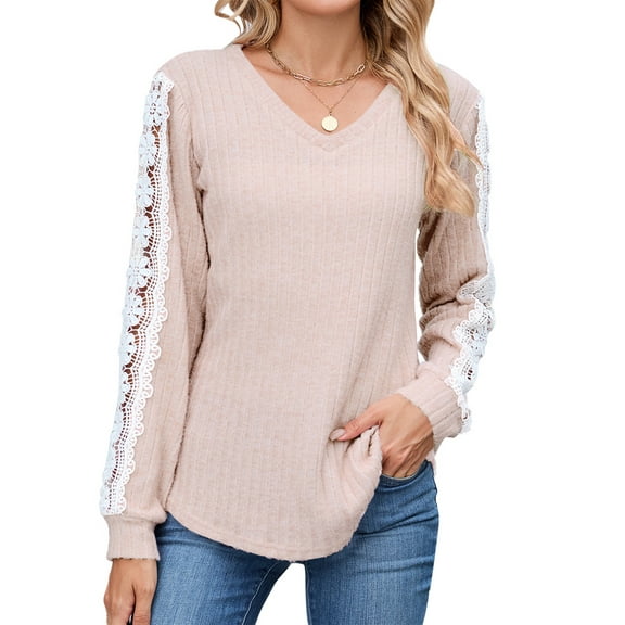 UVN Long Sleeve Shirts for Women Fall V Neck Lace Blouses Casual Dressy Tunic Pullover Sweaters Tops