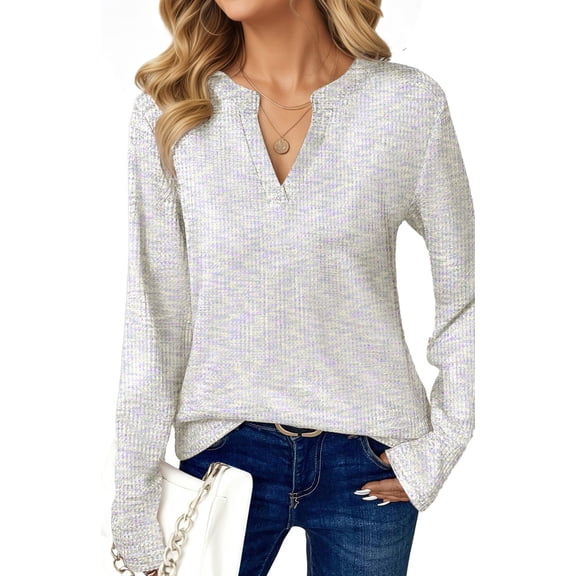UVN Long Sleeve Shirts for Women Fall V Neck Waffle Knit Blouses Dressy Casual Tunic Tops Ladies Work Clothes
