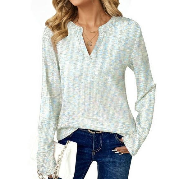 UVN Long Sleeve Shirts for Women Fall V Neck Waffle Knit Blouses Dressy Casual Tunic Tops Ladies Work Clothes
