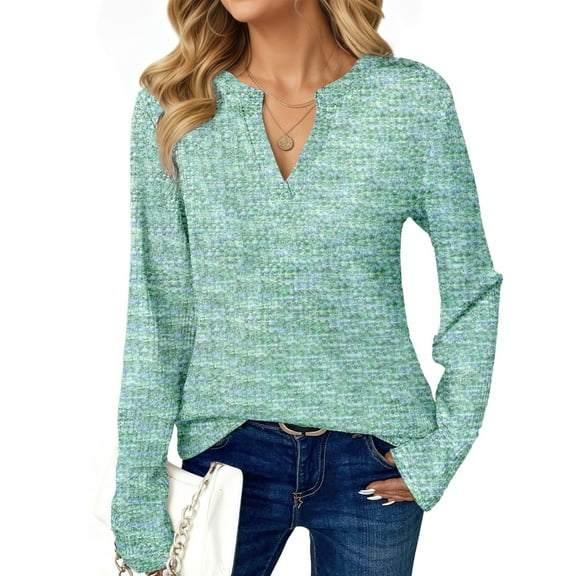 UVN Long Sleeve Shirts for Women Fall V Neck Waffle Knit Blouses Dressy Casual Tunic Tops Ladies Work Clothes