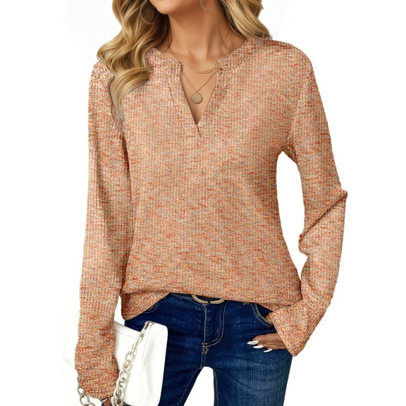 UVN Long Sleeve Shirts for Women Fall V Neck Waffle Knit Blouses Dressy Casual Tunic Tops Ladies Work Clothes