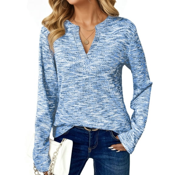 UVN Long Sleeve Shirts for Women Fall V Neck Waffle Knit Blouses Dressy Casual Tunic Tops Ladies Work Clothes