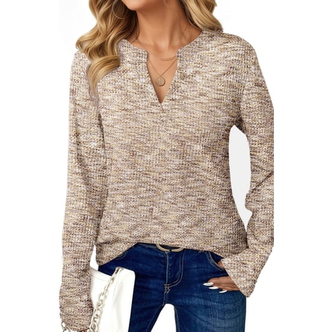 Long Sleeve Shirts for Women Fall V Neck Waffle Knit Blouses Dressy Casual Tunic Tops Ladies Work Clothes