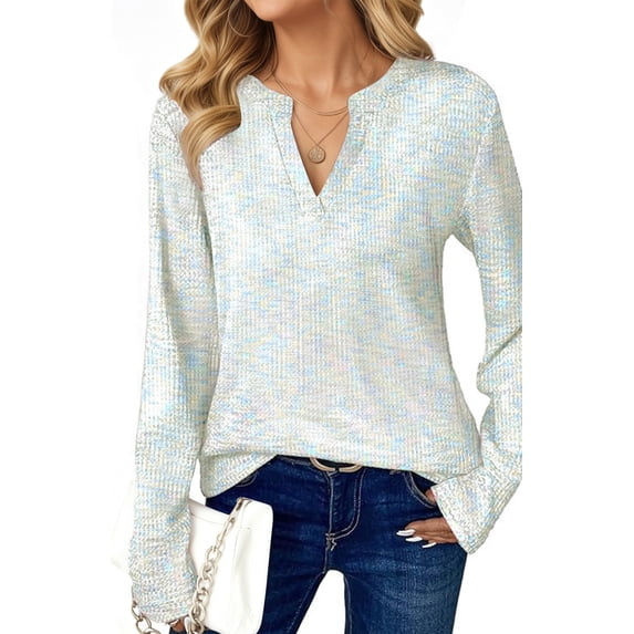 UVN Long Sleeve Shirts for Women Fall V Neck Waffle Knit Blouses Dressy Casual Tunic Tops Ladies Work Clothes