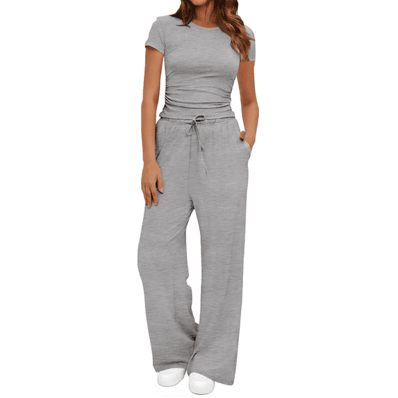 UVN Summer 2 Piece Outfit Set for Women Ruched Short Sleeve Tops and Wide Leg Pants with Pockets Casual Tracksuit Sets Ladies Loungewear