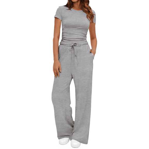 UVN Summer 2 Piece Outfit Set for Women Ruched Short Sleeve Tops and Wide Leg Pants with Pockets Casual Tracksuit Sets Ladies Loungewear