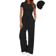 UVN Summer 2 Piece Outfit Set for Women Ruched Short Sleeve Tops and Wide Leg Pants Casual Tracksuit Ladies Loungewear
