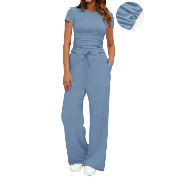 UVN Summer 2 Piece Outfit Set for Women Ruched Short Sleeve Tops and Wide Leg Pants Casual Tracksuit Ladies Loungewear