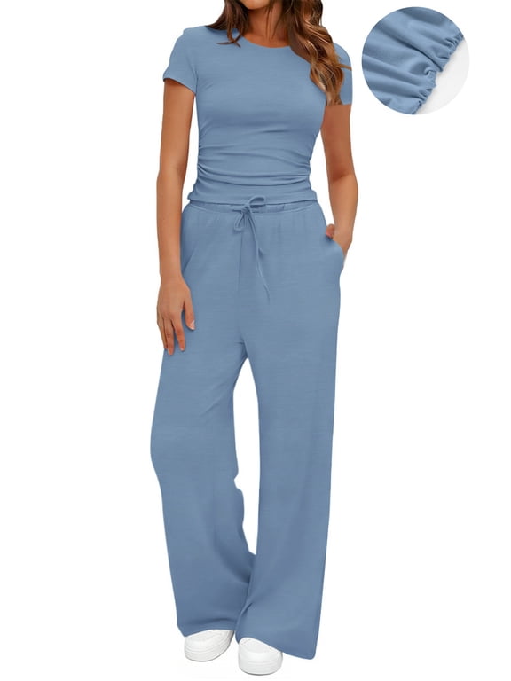 Summer 2 Piece Outfit Set for Women Ruched Short Sleeve Tops and Wide Leg Pants Casual Tracksuit Ladies Loungewear
