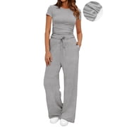 UVN Summer 2 Piece Outfit Set for Women Ruched Short Sleeve Tops and Wide Leg Pants Casual Tracksuit Ladies Loungewear