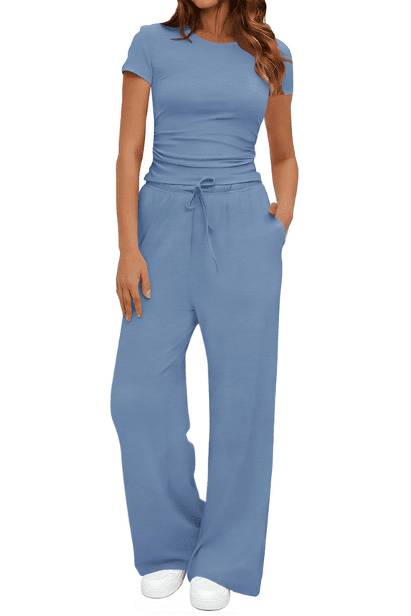 Summer 2 Piece Outfit Set for Women Ruched Short Sleeve Tops and Wide Leg Pants with Pockets Casual Tracksuit Sets Ladies Loungewear