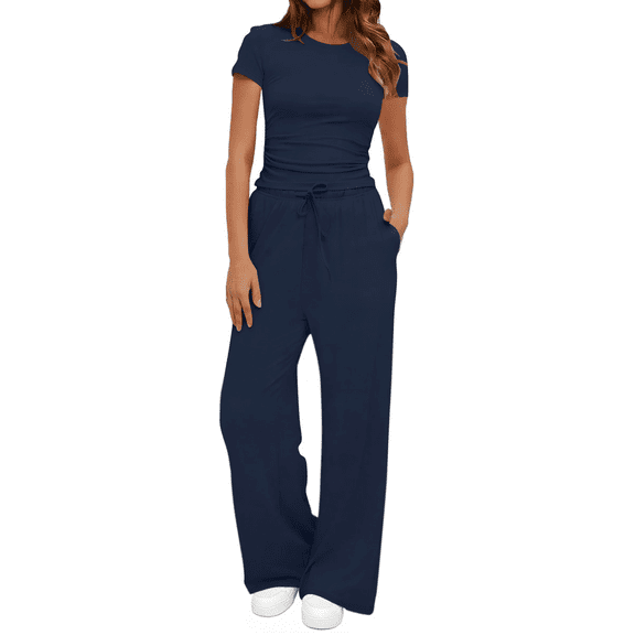 UVN Summer 2 Piece Outfit Set for Women Ruched Short Sleeve Tops and Wide Leg Pants with Pockets Casual Tracksuit Sets Ladies Loungewear