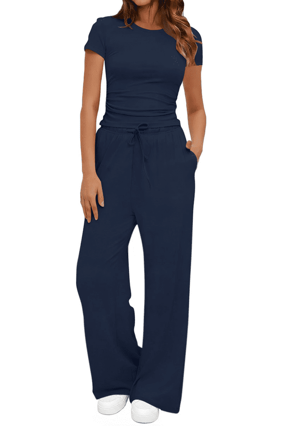Summer 2 Piece Outfit Set for Women Ruched Short Sleeve Tops and Wide Leg Pants with Pockets Casual Tracksuit Sets Ladies Loungewear