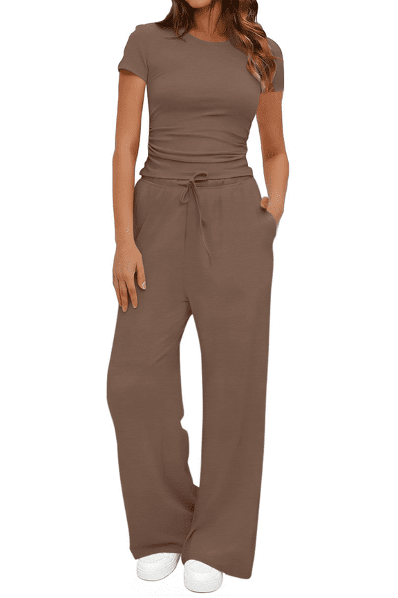 Summer 2 Piece Outfit Set for Women Ruched Short Sleeve Tops and Wide Leg Pants with Pockets Casual Tracksuit Sets Ladies Loungewear
