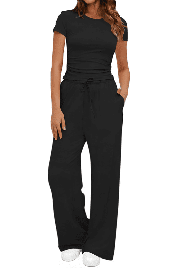 Summer 2 Piece Outfit Set for Women Ruched Short Sleeve Tops and Wide Leg Pants with Pockets Casual Tracksuit Sets Ladies Loungewear