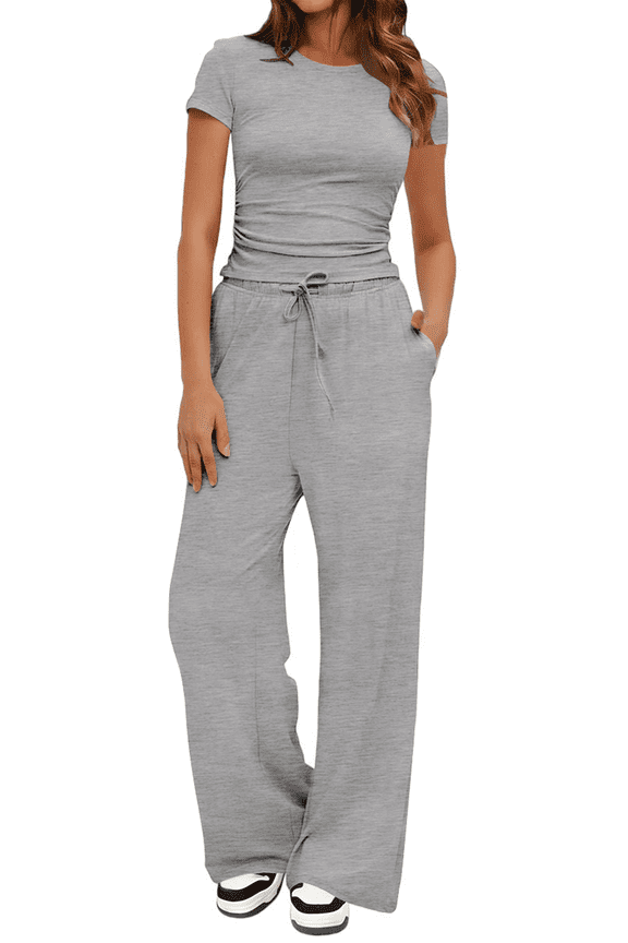 Summer 2 Piece Outfit Set for Women Ruched Short Sleeve Tops and Wide Leg Pants with Pockets Casual Tracksuit Sets Ladies Loungewear