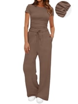 UVN Summer 2 Piece Outfit Set for Women Ruched Short Sleeve Tops and Wide Leg Pants Casual Tracksuit Ladies Loungewear