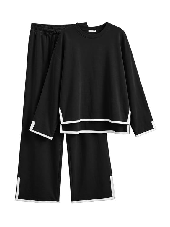 Outfits Sets for Women Casual 2 Piece Lounge Sets Fall Long Sleeve Tops and Wide Leg Pants Tracksuits Pajamas Sets with Pockets