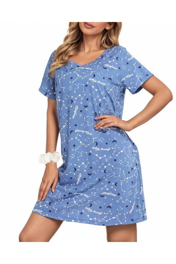 Nightgown for Women Short Sleeve Sleepwear Nightshirt Casual Sleepshirts Loose Print Pajamas Night Dresses