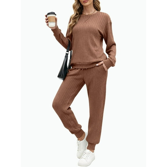 UVN Outfit Set for Women Long Sleeve Tops and Jogger Pants 2 Piece Matching Set with Pockets