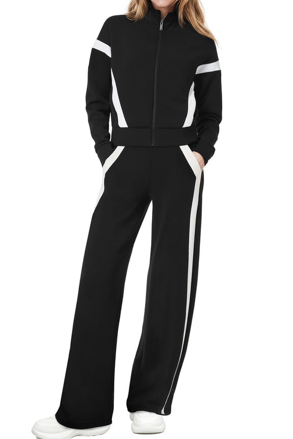 Womens 2 Piece Outfits Fall Winter Casual Fashion Tracksuit Long Sleeve Zip Up Tops and Wide Leg Pants Lounge Sets