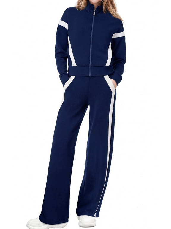 Womens 2 Piece Outfits Fall Winter Casual Fashion Tracksuit Long Sleeve Zip Up Tops and Wide Leg Pants Lounge Sets