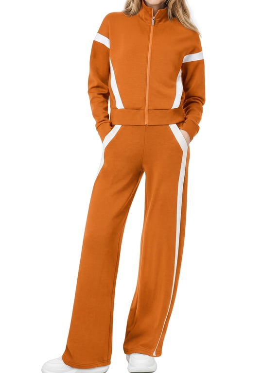 Womens 2 Piece Outfits Fall Winter Casual Fashion Tracksuit Long Sleeve Zip Up Tops and Wide Leg Pants Lounge Sets