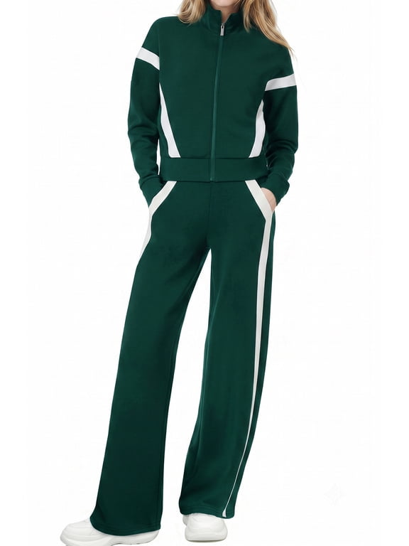 Womens 2 Piece Outfits Fall Winter Casual Fashion Tracksuit Long Sleeve Zip Up Tops and Wide Leg Pants Lounge Sets