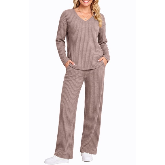 UVN Outfit Sets for Women Two Piece Sets Winter Casual Long Sleeve Tops and Long Pants Lounge Sets Ribbed Knit Pajama Sets with Pockets