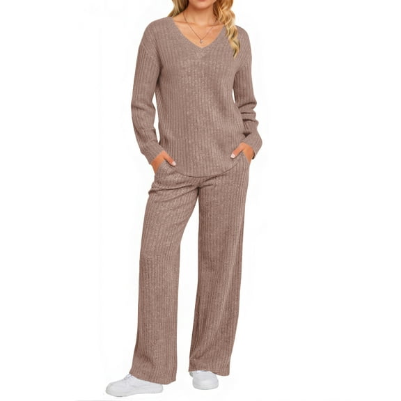 UVN Outfit Sets for Women Two Piece Sets Winter Casual Long Sleeve Tops and Long Pants Lounge Sets Ribbed Knit Pajama Sets with Pockets