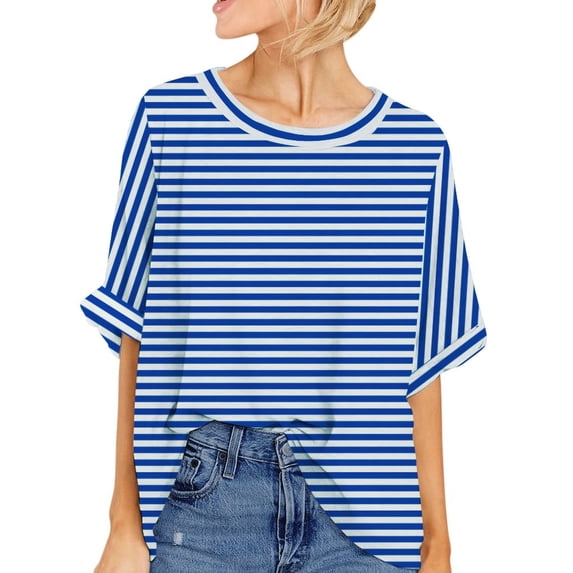 UVN Oversized Stripe T Shirt for Women Summer Casual Short Sleeve Tee Ladies Loose Crewneck Tops