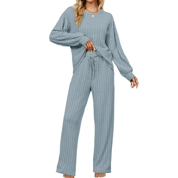UVN Pajama Sets for Women Long Sleeve Lounge Set Ribbed Knit Sleepwear 2 Piece Pjs Soft Loungewear with Pockets