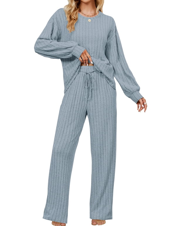Pajama Sets for Women Long Sleeve Lounge Set Ribbed Knit Sleepwear 2 Piece Pjs Soft Loungewear with Pockets