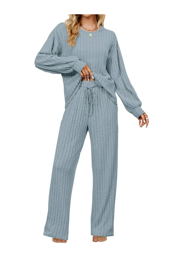 Pajama Sets for Women Long Sleeve Lounge Set Ribbed Knit Sleepwear 2 Piece Pjs Soft Loungewear with Pockets