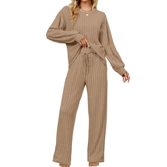 UVN Pajama Sets for Women Long Sleeve Lounge Set Ribbed Knit Sleepwear 2 Piece Pjs Soft Loungewear with Pockets